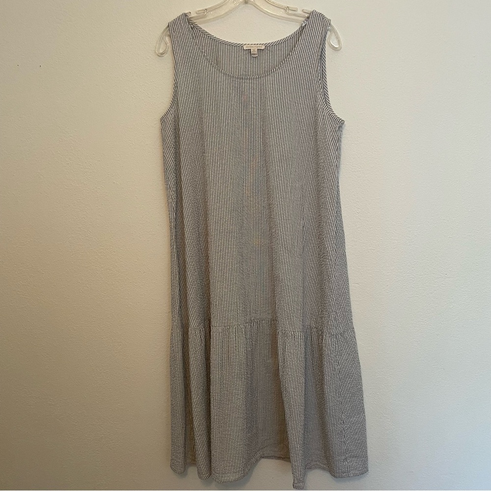 Eileen Fisher Organic Ripple Cotton Midi Dress Size S/P Navy/White Sleeveless